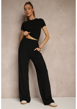 Czarny Komplet z Bawełny T-shirt Typu Crop Top i Spodnie Wide Leg Nelisandra ze sklepu renee.pl w kategorii Komplety i garnitury damskie - zdjęcie 181938921