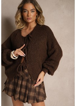 Brązowy Kardigan z Wełną o Kroju Oversize z Wiązanymi Kokardami Elearina ze sklepu renee.pl w kategorii Swetry damskie - zdjęcie 181949953