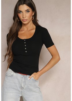Czarny Bawełniany T-shirt Prążkowany z Guzikami Florvivi ze sklepu renee.pl w kategorii Bluzki damskie - zdjęcie 181980553