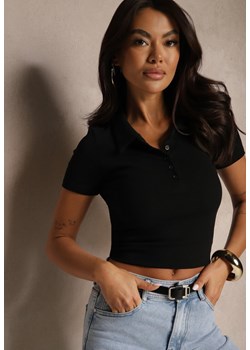 Czarny Prążkowany T-shirt Polo z Bawełny Ozdobiony Guzikami Lilvivia ze sklepu renee.pl w kategorii Bluzki damskie - zdjęcie 181980563