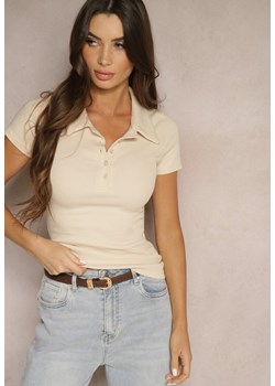 Beżowy Prążkowany T-shirt Polo z Bawełny Ozdobiony Guzikami Lilvivia ze sklepu renee.pl w kategorii Bluzki damskie - zdjęcie 181980573