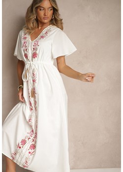 Biała Rozkloszowana Sukienka z Bawełny w Stylu Boho z Ozdobnym Haftem Sersena ze sklepu renee.pl w kategorii Sukienki - zdjęcie 181994291