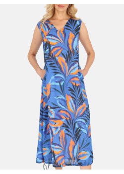 Niebieska lniana sukienka maxi w tropikalne liście L’AF Betta 2 ze sklepu Eye For Fashion w kategorii Sukienki - zdjęcie 181994931