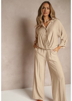 Jasnobeżowy Komplet z Wiskozy w Stylu Oversize Szerokie Spodnie i Luźna Koszula na Guziki Natinne ze sklepu renee.pl w kategorii Komplety i garnitury damskie - zdjęcie 182001012