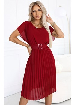 Plisowana szyfonowa sukienka midi z paskiem bordowa 465-5 MIA, Kolor bordowy, Rozmiar one size, NUMOCO BASIC ze sklepu Primodo w kategorii Sukienki - zdjęcie 182006564
