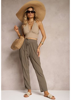 Ciemnozielone Spodnie Paper Bag High Waist z Bawełny z Gumką w Talii Emorea ze sklepu renee.pl w kategorii Spodnie damskie - zdjęcie 182013540