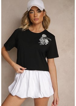 Czarny Bawełniany T-shirt z Ozdobnym Nadrukiem i Cyrkoniami Teomala ze sklepu renee.pl w kategorii Bluzki damskie - zdjęcie 182018492