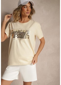 Beżowy T-shirt z Bawełny z Naszytymi Cekinami Avenelli ze sklepu renee.pl w kategorii Bluzki damskie - zdjęcie 182592902
