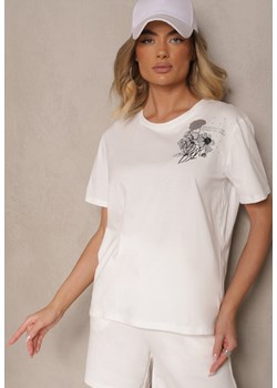 Biały Bawełniany T-shirt z Ozdobnym Nadrukiem i Cyrkoniami Teomala ze sklepu renee.pl w kategorii Bluzki damskie - zdjęcie 182592912