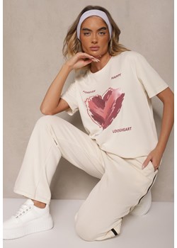 Jasnobeżowy T-shirt z Nadrukiem w Kształcie Serca Palalea ze sklepu renee.pl w kategorii Bluzki damskie - zdjęcie 182592922