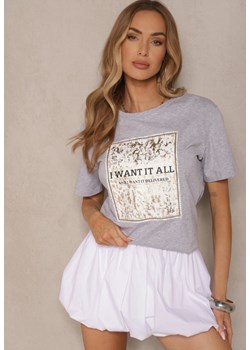 Jasnoszary T-shirt z Bawełny z Nadrukiem Tellanis ze sklepu renee.pl w kategorii Bluzki damskie - zdjęcie 182592952
