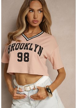 Ciemnoróżowy T-shirt z Bawełny Ozdobiony Napisem Lireline ze sklepu renee.pl w kategorii Bluzki damskie - zdjęcie 182593050