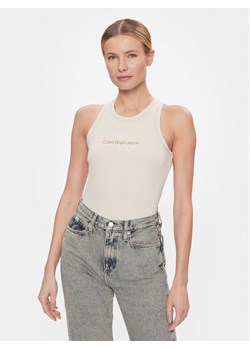 Calvin Klein Jeans Top Hero Monologo Rib Tank J20J222975 Écru Regular Fit ze sklepu MODIVO w kategorii Bluzki damskie - zdjęcie 182615780