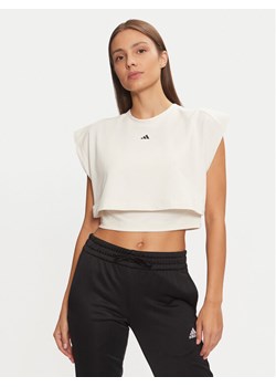 adidas Koszulka techniczna Power Boxy French Terry 3-Stripes IW3188 Écru Slim Fit ze sklepu MODIVO w kategorii Bluzki damskie - zdjęcie 182640014
