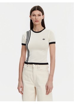 adidas T-Shirt Knitted 3-Stripes JJ0961 Beżowy Slim Fit - id: 0000304501685 - marki adidas - 182715512 adidas T-Shirt Knitted 3-Stripes JJ0961 Beżowy Slim Fit ze sklepu MODIVO w kategorii Bluzki damskie - zdjęcie 182715512