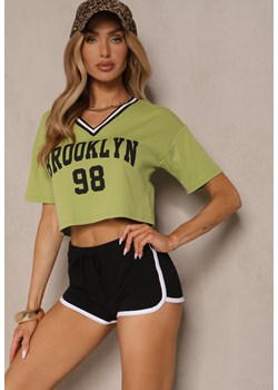 Zielony T-shirt z Bawełny Ozdobiony Napisem Lireline ze sklepu renee.pl w kategorii Bluzki damskie - zdjęcie 183545472