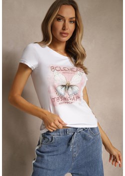Biały T-shirt z Bawełny Ozdobiony Cyrkoniami i Motylem Uliadwena ze sklepu renee.pl w kategorii Bluzki damskie - zdjęcie 183564333