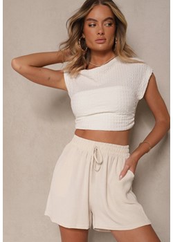 Jasnobeżowe Szorty z Wiskozą High Waist Ozdobione Wiązaniem Milareia ze sklepu renee.pl w kategorii Szorty - zdjęcie 183564473