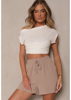 Ciemnobeżowe Szorty z Wiskozą High Waist Ozdobione Wiązaniem Milareia ze sklepu renee.pl w kategorii Szorty - zdjęcie 183570270