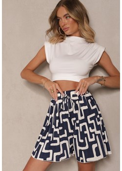 Granatowe Szorty z Wiskozy High Waist Ozdobione Geometrycznym Wzorem Lirazea ze sklepu renee.pl w kategorii Szorty - zdjęcie 183570390