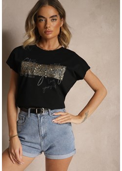 Czarny Bawełniany T-shirt z Cyrkoniami Perłami i Rękawami Nietoperz Inellira ze sklepu renee.pl w kategorii Bluzki damskie - zdjęcie 183572482
