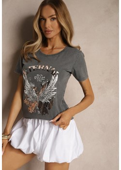 Ciemnoszary Bawełniany T-shirt Ozdobiony Nadrukiem Trenelia ze sklepu renee.pl w kategorii Bluzki damskie - zdjęcie 183599394