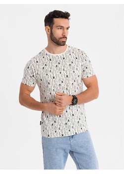 Koszulka bawełniana z nadrukiem i okrągłym dekoltem – kremowa V1 OM-TSFP-0225 ze sklepu ombre w kategorii T-shirty męskie - zdjęcie 183616382
