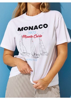 Sinsay - Bawełniana koszulka z nadrukiem wakacyjnym Monaco - biały ze sklepu Sinsay w kategorii Bluzki damskie - zdjęcie 183647182
