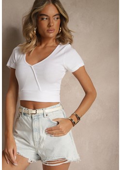 Biały Bawełniany T-shirt z Prążkowanej Tkaniny z Dekoltem w Szpic Filaretta ze sklepu renee.pl w kategorii Bluzki damskie - zdjęcie 183663990