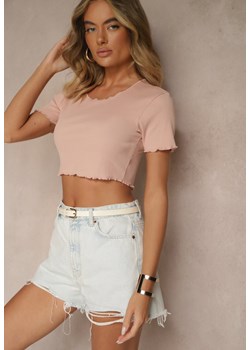 Ciemnoróżowy T-shirt z Bawełną z Prążkowanej Dzianiny Adlesse ze sklepu renee.pl w kategorii Bluzki damskie - zdjęcie 183665380