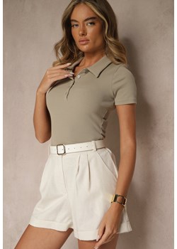 Zielony Prążkowany T-shirt Polo z Bawełny Ozdobiony Guzikami Lilvivia ze sklepu renee.pl w kategorii Bluzki damskie - zdjęcie 183665410