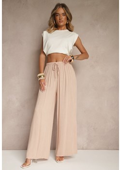 Jasnoróżowe Szerokie Spodnie High Waist z Gumką w Talii Ilnena ze sklepu renee.pl w kategorii Spodnie damskie - zdjęcie 183665470