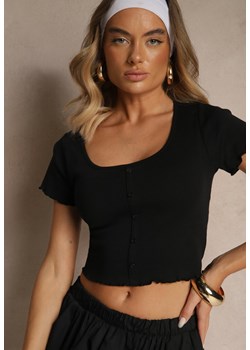 Czarny Dopasowany T-shirt z Bawełny Zdobiony Guzikami Filinnea ze sklepu renee.pl w kategorii Bluzki damskie - zdjęcie 183671683