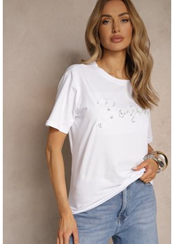 Biały Bawełniany T-shirt Zdobiony Haftowanym Napisem z Cekinami Ulionis ze sklepu renee.pl w kategorii Bluzki damskie - zdjęcie 183673372