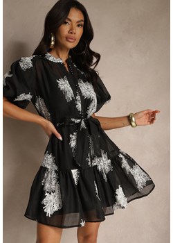 Czarna Sukienka Koszulowa z Bawełną Ozdobiona Paskiem i Haftami Lirine - id: YS2150-38-BLACK - marki Renee - 183722211 Czarna Sukienka Koszulowa z Bawełną Ozdobiona Paskiem i Haftami Lirine ze sklepu renee.pl w kategorii Sukienki - zdjęcie 183722211