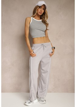 Jasnoszare Spodnie Dresowe z Bawełną o Szerokim Kroju High Waist z Paskami Salliara ze sklepu renee.pl w kategorii Spodnie damskie - zdjęcie 183736792