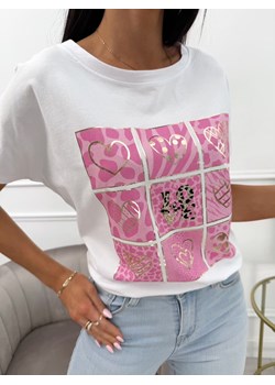 Biały Bawełniany T-shirt z Różowym Wzorem ze sklepu ModnaKiecka.pl w kategorii Bluzki damskie - zdjęcie 183753640
