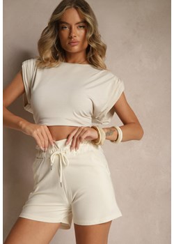 Jasnobeżowe Szorty z Bawełną High Waist z Ozdobnym Sznurkiem Axemia ze sklepu renee.pl w kategorii Szorty - zdjęcie 183761334