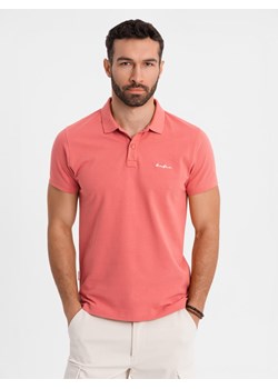 Koszulka polo z bawełnianej dzianiny pique – koralowa V6 OM-POSS-0103 ze sklepu ombre w kategorii T-shirty męskie - zdjęcie 183769193