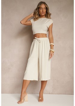Beżowe Spodnie Kuloty z Bawełną High Waist Azetia ze sklepu renee.pl w kategorii Spodnie damskie - zdjęcie 183785233