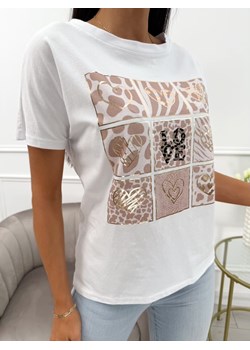 Biały Bawełniany T-shirt z Beżowym Wzorem ze sklepu ModnaKiecka.pl w kategorii Bluzki damskie - zdjęcie 183828291