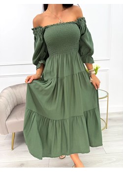 Khaki Sukienka Hiszpanka Midi ze sklepu ModnaKiecka.pl w kategorii Sukienki - zdjęcie 183828322