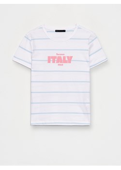 Mohito - Bawełniany t-shirt z nadrukiem - błękitny - id: 966GJ-05P - marki Mohito - 183834960 Mohito - Bawełniany t-shirt z nadrukiem - błękitny ze sklepu Mohito w kategorii Bluzki damskie - zdjęcie 183834960