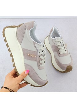 Skórzane buty sportowe na grubej platformie beżowe Filippo DP6785 beżowy ze sklepu ButyModne.pl w kategorii Buty sportowe damskie - zdjęcie 183840492