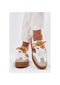 Sneakersy Damskie Na Platformie Z Podwójnym Sznurowaniem Panterka Białe ze sklepu ButyModne.pl w kategorii Buty sportowe damskie - zdjęcie 183840494