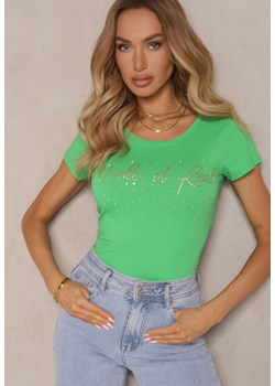 Zielony T-shirt z Bawełny Ozdobiony Napisem i Cyrkoniami Zreadia ze sklepu renee.pl w kategorii Bluzki damskie - zdjęcie 183849432