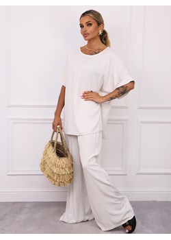KOMPLET T-SHIRT OVERSIZE+ SPODNIE Z GUMĄ W PASIE- BEŻOWY ze sklepu olika.com.pl w kategorii Komplety i garnitury damskie - zdjęcie 183858361