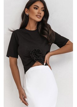 Czarny t-shirt z marszczeniem i różą Elvie B56, Kolor czarny, Rozmiar L, Ivon ze sklepu Primodo w kategorii Bluzki damskie - zdjęcie 183865012