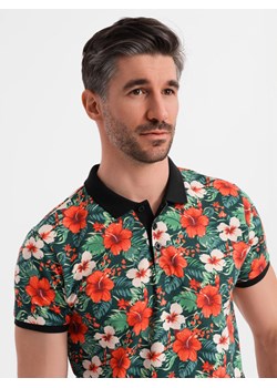 Polo koszulka bawełniana z nadrukiem w kwiaty – czarna V2 OM-POSS-0149 ze sklepu ombre w kategorii T-shirty męskie - zdjęcie 183875943