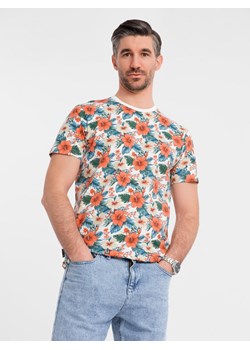 T-shirt męski bawełniany w kwiatowy wzór full print – biały V1 OM-TSFP-0249 ze sklepu ombre w kategorii T-shirty męskie - zdjęcie 183875961